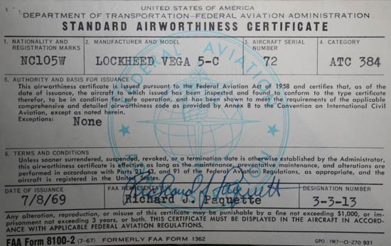 NC898E Airworthiness Certificate
