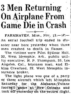 Plane Crash that Killed Sydnor Hall, Danville (VA) Bee, November 13, 1939 (Source: Anonymous)
