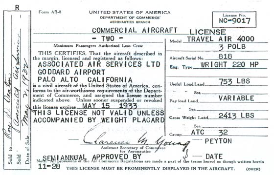 NC9017 License, May 15, 1933 (Source: FAA)