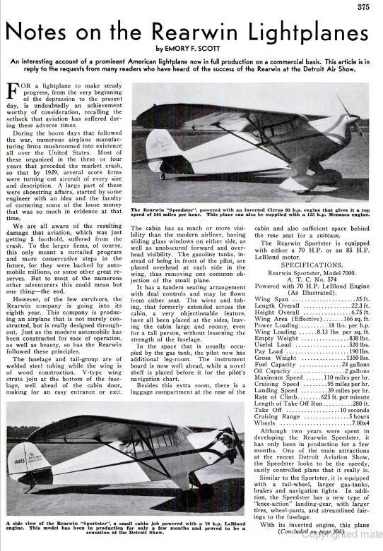 Rearwin Model 7000 Speedster, Popular Aviation, December, 1935 (Source: PA)