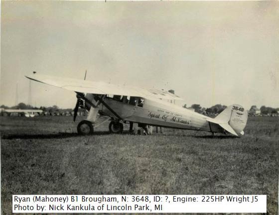 Ryan Brougham NC3648 on the Ground at Dearborn, MI, June 30, 1928 (Source: Kankula)