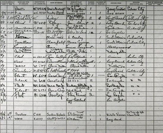 Aline Miller's Register Entry, Clover Field, Santa Monica, CA, May 9, 1930