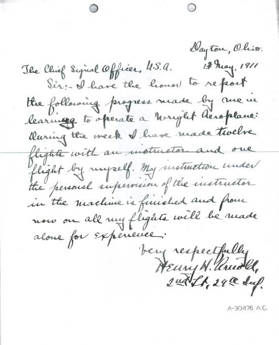 H.H. Arnold, Flight Training Progress Letter, May 13, 1911