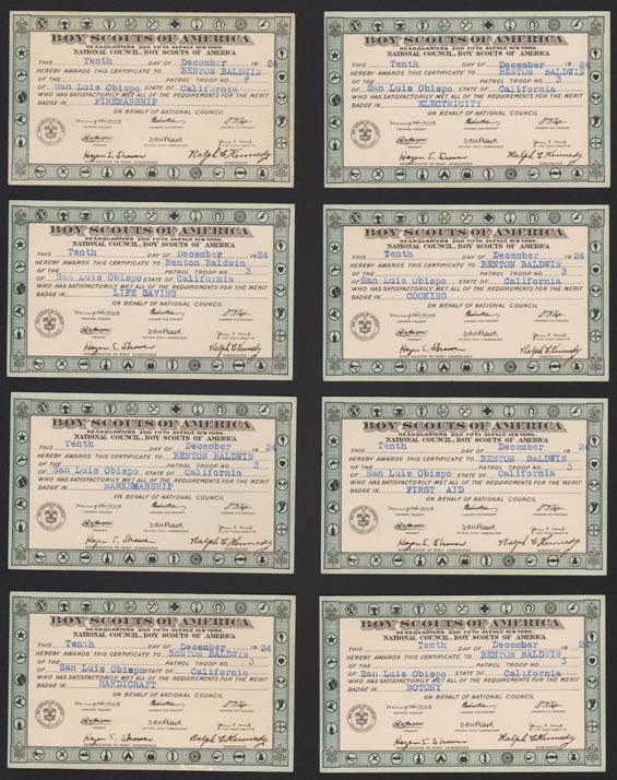 Benton Baldwin Merit Badge Certificates, Ca. 1920s (Source: Denault)
