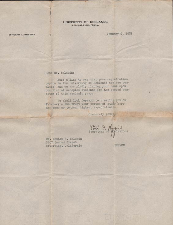 Acceptance Letter, University of Redlands, January 9, 1936 (Source: Denault)