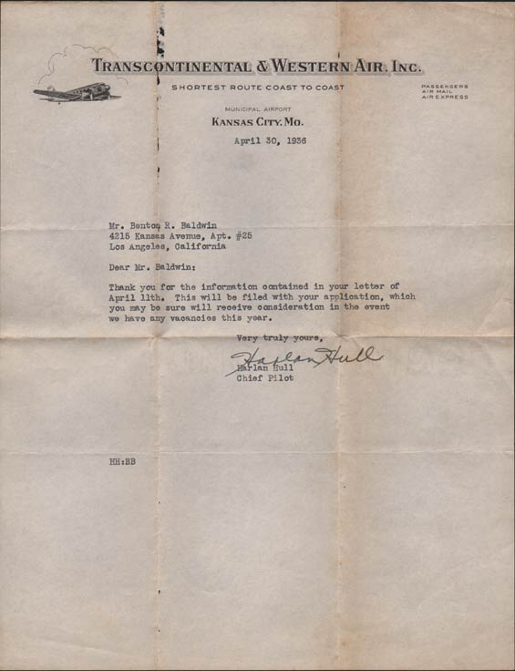 Benton Baldwin, Trans-Continental & Western Air Application, April 30, 1936 (Source: Denault)