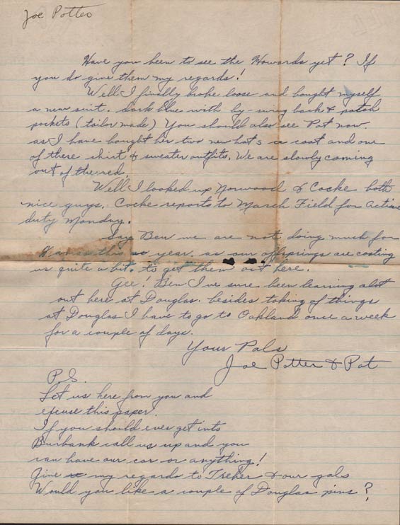 Letter from Joe Potter, December 15, 1936 (Source: Denault)