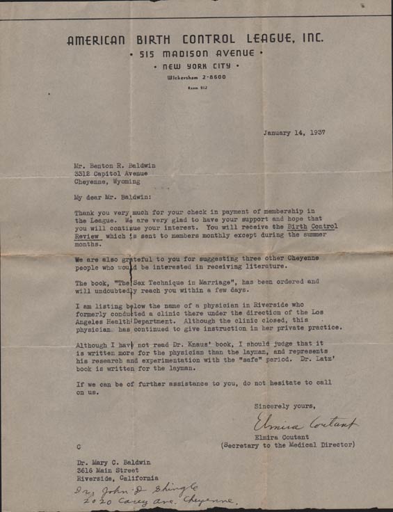 Letter, American Birth Control League, Inc., January 14, 1937 (Source: Denault)