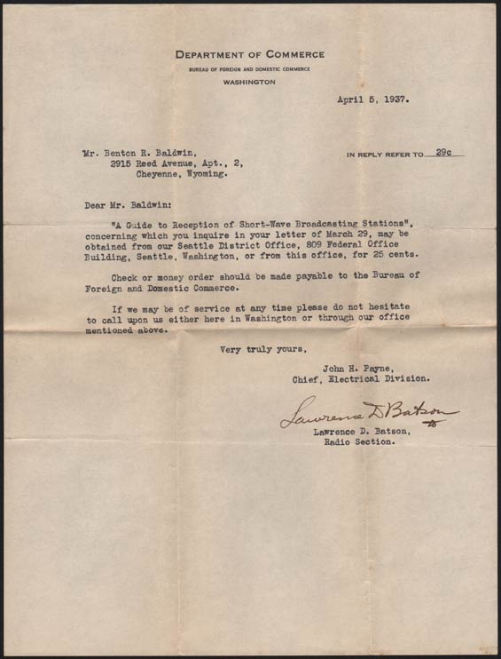 Department of Commerce Letter, April 7, 1937 (Source: Denault)