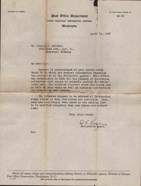 Letter, U.S. Post Office, April 14, 1937 (Source: Denault)