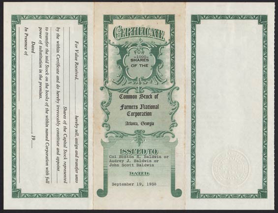 Farmers National Corporation, Stock Certificate, September 19, 1958 (Source: Denault)