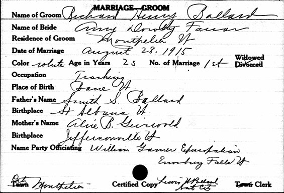 Ballard Marriage Certificate, August 28, 1915 (Source: ancestry,.com) 