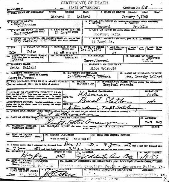 Ballard Death Certificate, January 9, 1960 (Source: ancestry,.com) 