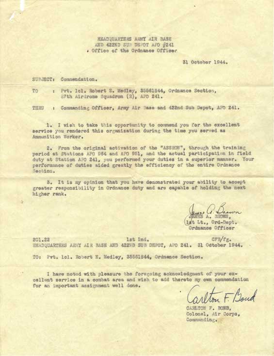 Commendation, October 31, 1944, Signed by Bond (Source: Site Visitor)