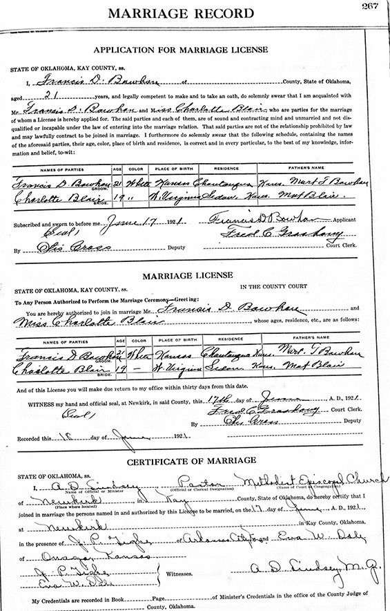Francis Bowhan & Charlotte Blair Marriage Documents, June 17, 1921 (Source: ancestry.com) 