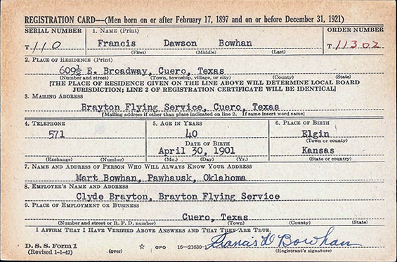 F.D. Bowhan, WWII Draft Registration, February 16, 1942 (Source: ancestry.com) 