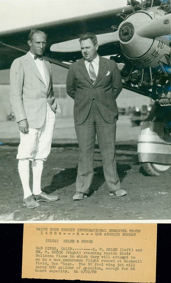 Ed Schlee (L) and Wm. Brock, September 28, 1928, San Diego, CA Standing in Front of a Bellanca Aircraft, Probably NX7085