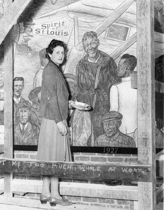 Aline Brooks (Rhonie) Working on Roosevelt Field Mural, Ca. 1938 (Source: Warbird Information Exchange)