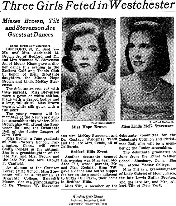 Hope Brown, Debutante, The New York Times, September 8, 1957 (Source: NYT)