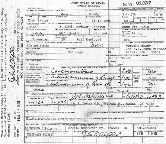G.G. Budwig Death Certificate, February 4, 1978, (Source Stanton)