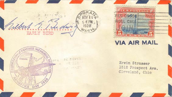 U.S. Airmail Postal Cachet, November 11, 1928 (Source: Staines)