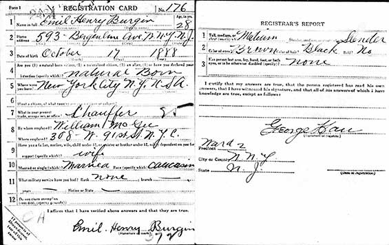 Emile Burgin, Draft Registration, Ca. 1917 (Source: ancestry.com)