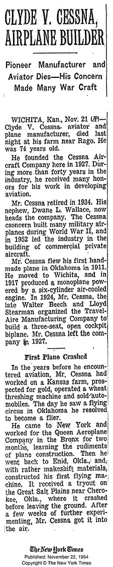 C.V. Cessna Obituary, The New York Times, November 22, 1954 (Source: NYT)