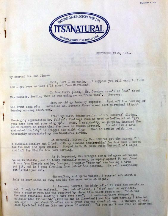 Mary Charles Letter, September 21, 1931 (Source: NASM)
