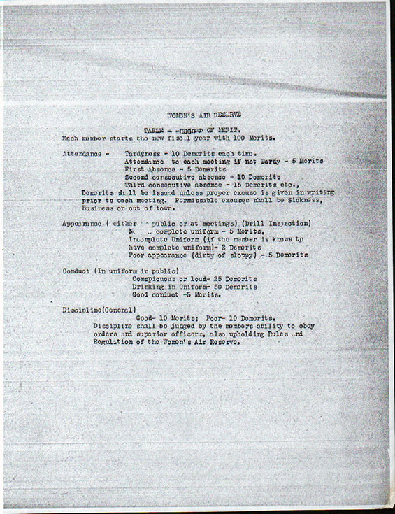 Women's Air Reserve, List of Demerits, Ca. 1935 (Source:NASM)