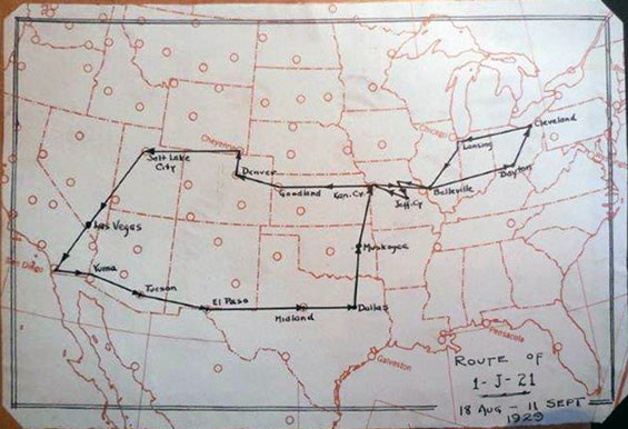 San Diego to Cleveland Route Map, August, 1929 (Source: GL)