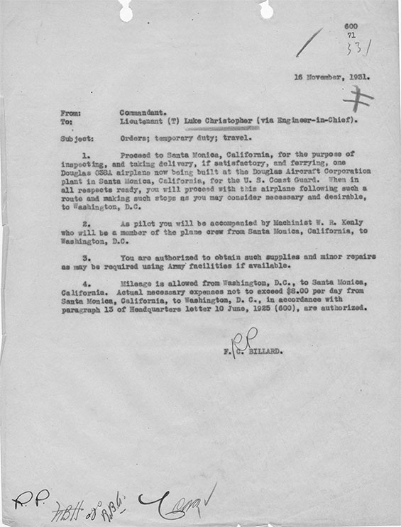 L. Christopher, Commandant Orders for Airplane Ferry, November 16, 1931 (Source: Site visitor) 