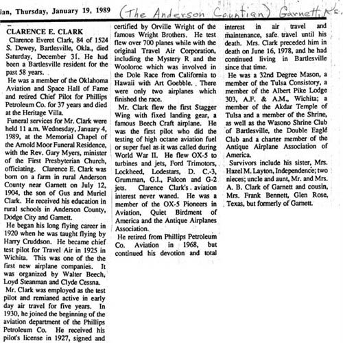 Clarence E. Clark Obituary, Anderson (KS) Countian, January 19, 1989 (Source: Eravi)
