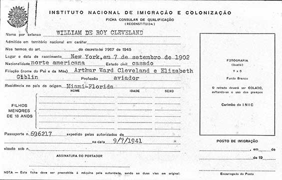 Brazil Immigration Card, September 7, 1941 (Source: ancestry.com) 