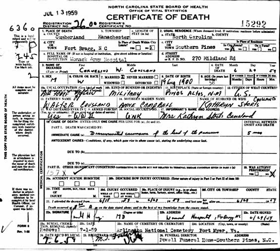 C.W. Cousland, Death Certificate, June 29, 1959 (Source: ancestry.com)