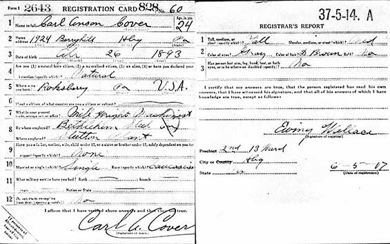 C.A. Cover WWI Draft Registration Card, June 5, 1917 (Source: ancestry.com)