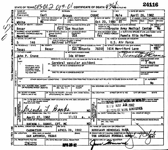 Carl J. Crane, Death Certificate, April 27, 1982 (Source: ancestry.com)