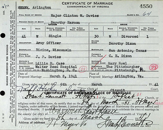 C.W. Davies/Dorothy Dixon Marriage Certificate, March 8, 1941 (Source: ancestry.com) 
