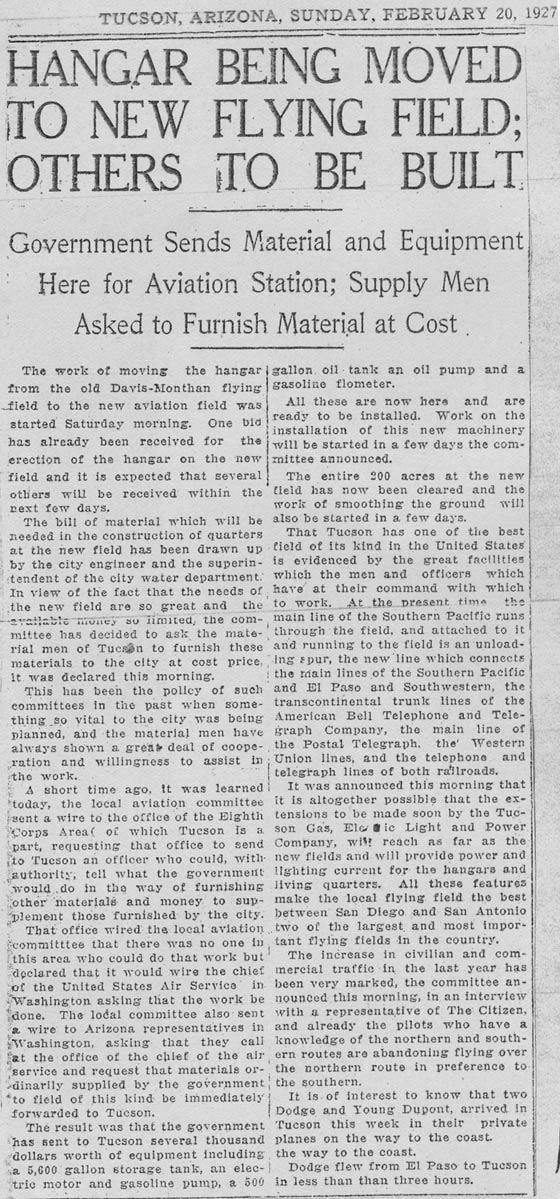 Tucson Daily Citizen, February 20, 1927 (Source: Arizona Historical Society)