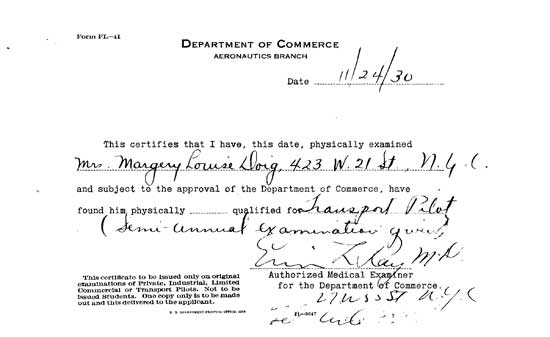 Margery Doig's Medical Certificate, November 24, 1930