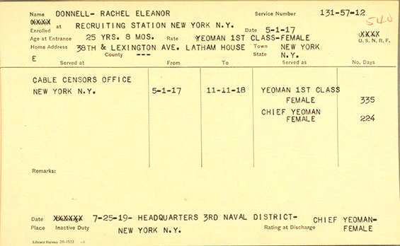 Rachel Donnell, Record of U.S. Navy Service, 1917-18 (Source: Woodling)
