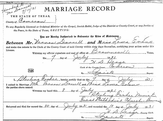 Vernon Dorrell & Loma Evans, Marriage Certificate, July 7, 1931 (Source: ancestry.com) 