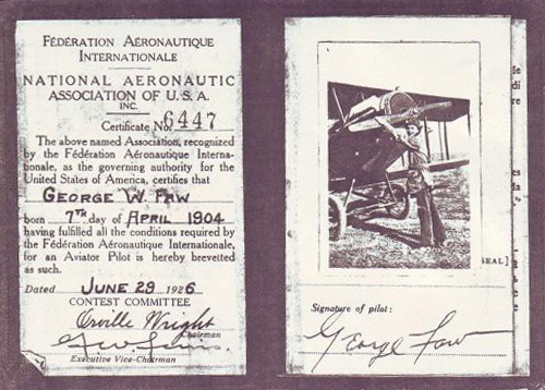 George Faw FAI Certificate, June 29,1926