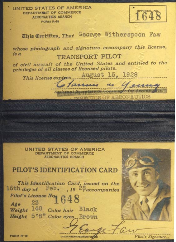 George Faw's 1928 Transport Pilot License (Source: Hyatt)