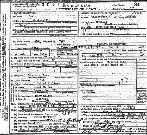 Howard Fey, Death Certificate, November 4, 1940 (Source: ancestry.com)