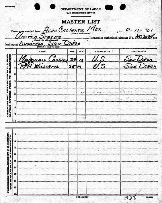 Richard Williams, Immigration Form, February 11, 1931 (Source: ancestry.com) 