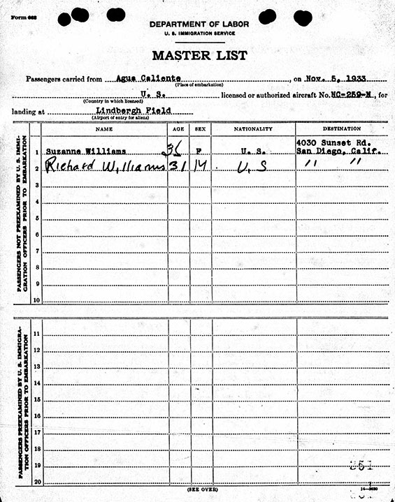Suzanne & Richard Williams, Immigration Form, November 5, 1933 (Source: ancestry.com)