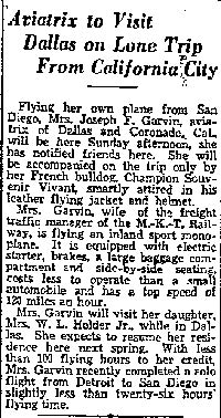 Suzanne Garvin Dallas News Article, November 13, 1931 (Source: Woodling)