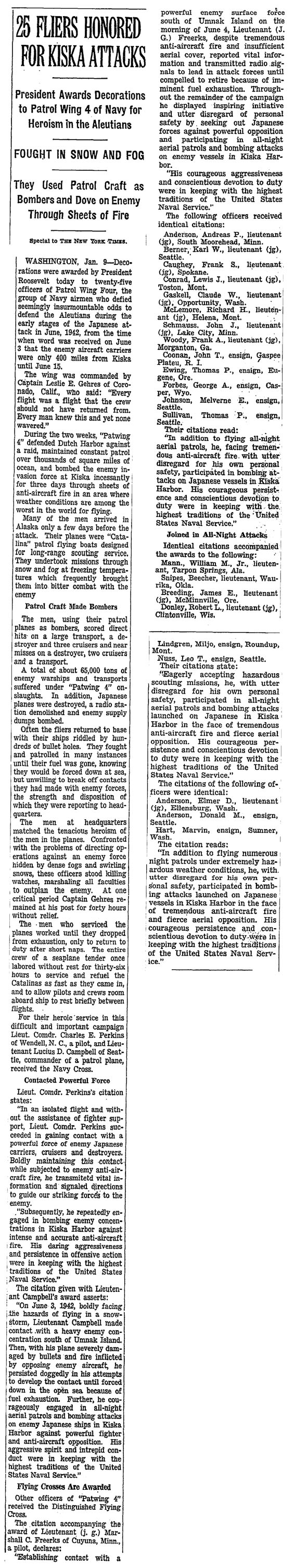 Gehres in Alaska, The New York Times, January 10, 1943 (Source: NYT)