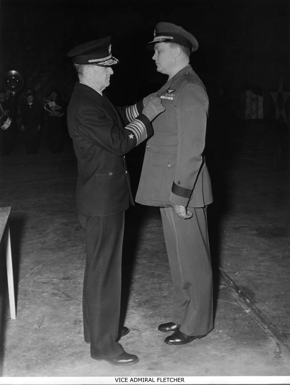 Leslie Gehres Being Decorated by Admiral Fletcher, Ca. 1945 (Source: Woodling)