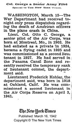 Otto C. George, China Air Crash, The New York Times, March 16, 1942 (Source: NYT)
